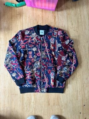 Zara Navy Jacket with Red & Cream Embroidery